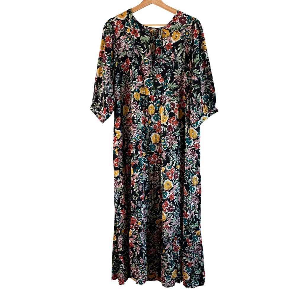 Natural Life Floral Maxi Dress Black Multi Womens Size M Tiered Rayon Boho